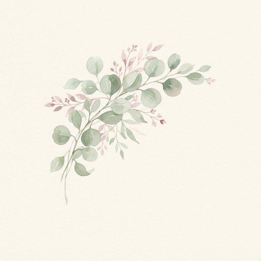 Soft watercolour illustration of eucalyptus leaves